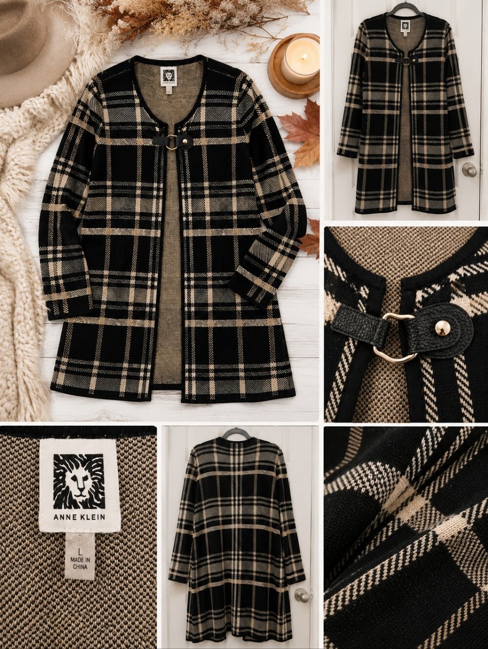 Anne Klein Black White Plaid Cardigan Sweater | Buckle Front | Large | EUC - Picture 5 of 10